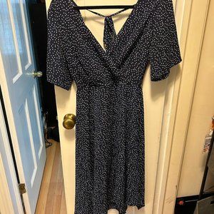 Trixx Clothing Company - cute v-neck blue and white dotted midi dress!  Size M